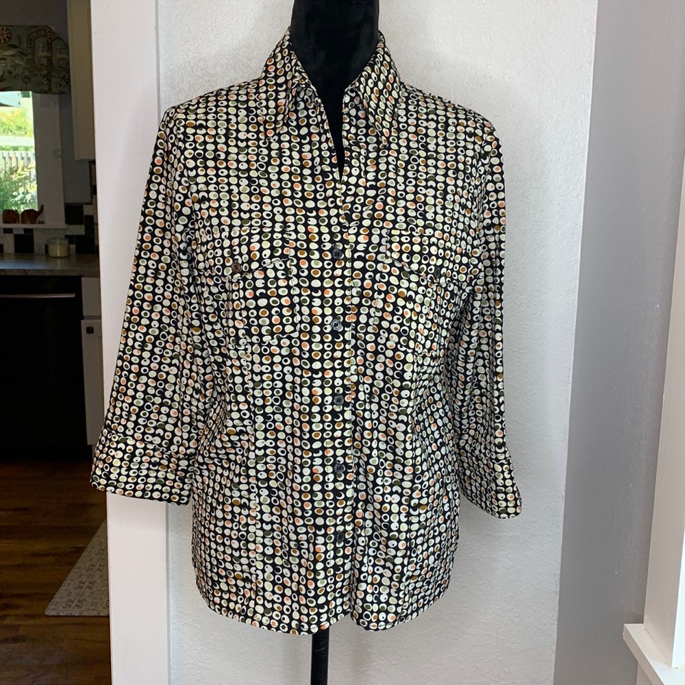 apparenza stretch 1/2 sleeve button up black cocktail olives pattern shirt